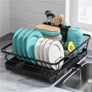 Stainless steel dish drying rack with utensil holder for kitchen counter sink